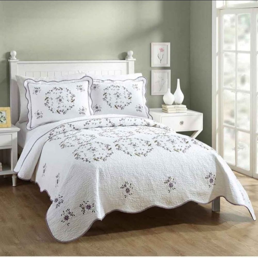 100% Solid Cotton Quilted Bedspread,Luxury Amelia Embroidered Bedspread Purple K